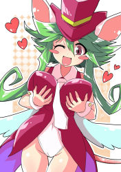 Rule 34 | 1girl, animal ears, blush stickers, breasts, green hair, hat, heart, heart tail, highres, large breasts, leotard, mad rat dead, mouse (animal), mouse ears, mouse girl, mouse tail, necktie, nippon ichi, rat god, red eyes, tail, top hat, wings, wrist cuffs