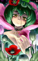 Rule 34 | 1girl, bare shoulders, breasts, choker, cleavage, collarbone, colored eyelashes, eyebrows, flower, frown, green hair, hair flower, hair ornament, head tilt, large breasts, original, oso (toolate), papaver somniferum, personification, plant, ringed eyes, short hair, solo, @ @, tears, yellow eyes