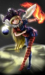 Rule 34 | 1girl, american flag dress, american flag legwear, bent over, blonde hair, bowing, clownpiece, collar, dress, earth (planet), fairy wings, fire, frilled collar, frilled shirt collar, frills, full body, hat, highres, jester cap, koboboi, long hair, looking at viewer, moon, neck ruff, open mouth, pantyhose, planet, polka dot, red eyes, shirt, short dress, short sleeves, solo, space, star (sky), sun, torch, touhou, very long hair, wings