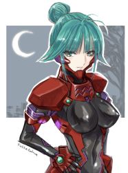 Rule 34 | artist name, bare tree, breasts, covered erect nipples, covered navel, crescent moon, fortified suit, green eyes, green hair, hair bun, hand on own hip, highres, jun (rellik &amp; redrum), looking at viewer, medium breasts, moon, muv-luv, muv-luv alternative, pilot suit, single hair bun, skin tight, smile, tree, tsukuyomi mana