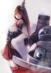 Rule 34 | 10s, 1girl, bare shoulders, breasts, brown eyes, brown hair, detached sleeves, female focus, from side, fusou (kancolle), gradient background, hair ornament, headgear, kantai collection, large breasts, long hair, looking at viewer, machinery, nontraditional miko, pleated skirt, skirt, smile, solo, sumisu (mondo), wide sleeves