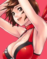 Rule 34 | 1girl, armpits, breasts, brown eyes, brown hair, cleavage, hinomoto reiko, large breasts, mole, mole on breast, pantyhose, red background, rumble roses, short hair, simple background, smile, solo, teeth, upper teeth only, wrestling, wrestling outfit, yurikawa