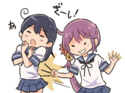 Rule 34 | 2girls, 4koma, ahoge, akebono (kancolle), bell, between fingers, black hair, bugles, bugles (food), bugles on fingers, closed eyes, comic, crossed arms, flower, food, food on hand, grin, hair bell, hair flower, hair ornament, holding, jingle bell, kantai collection, long hair, lowres, multiple girls, open mouth, pleated skirt, pocky, poking, purple hair, saiguchi otoufu, school uniform, serafuku, side ponytail, skirt, smile, ushio (kancolle), white background