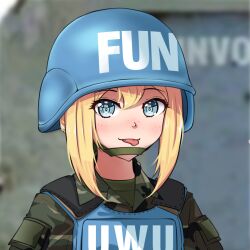 Rule 34 | 1girl, blonde hair, blue eyes, blue headwear, blue vest, blurry, blurry background, brand name imitation, bulletproof vest, camouflage, camouflage shirt, closed mouth, combat helmet, commentary, english commentary, green shirt, helmet, jizi, looking at viewer, original, shirt, soldier, solo, tongue, tongue out, united nations, upper body, vest