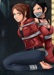 Rule 34 | 2girls, absurdres, ada wong, black hair, blue eyes, bound, bound ankles, bound torso, bound wrists, breasts, brown eyes, brown hair, capcom, choker, claire redfield, cleavage, cloth gag, dress, earrings, gag, gagged, highres, improvised gag, jewelry, legs, lost one zero, medium breasts, multiple girls, red dress, resident evil, resident evil 2, seiza, shirt, shorts, sitting, sweat, tape, tape gag, thighs