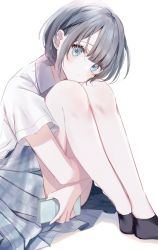 Rule 34 | 1girl, blue eyes, cellphone, closed mouth, grey hair, head tilt, highres, looking at viewer, misumi (macaroni), original, phone, shadow, shirt, shoes, short hair, short sleeves, simple background, sitting, skirt, smartphone, white background, white shirt