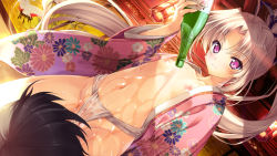 Rule 34 | 10s, 1girl, blonde hair, bottle, collarbone, dutch angle, flat chest, fundoshi, game cg, japanese clothes, kimono, long hair, long sleeves, love 2 quad, naruse hirofumi, navel, nipples, open clothes, open robe, pink eyes, ponytail, robe, smile, solo focus, straddling, toudou chitose, twintails, wet