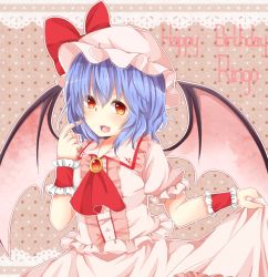 Rule 34 | 1girl, :d, bat wings, blue hair, clothes lift, dress, dress lift, fang, female focus, happy birthday, hat, hat ribbon, open mouth, outline, polka dot, polka dot background, red eyes, remilia scarlet, ribbon, smile, solo, touhou, wings, wrist cuffs, yuria (kittyluv)