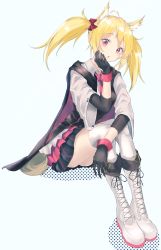 Rule 34 | 1girl, :d, ahoge, animal ear fluff, animal ears, arknights, black cape, black gloves, black vest, blonde hair, blush, boots, bow, brown eyes, cape, commentary request, cross-laced footwear, fang, full body, gloves, hair bow, head rest, highres, invisible chair, knee boots, lace-up boots, legs together, long sleeves, looking at viewer, maho (drmaho1), miniskirt, necktie, open mouth, pink skirt, pleated skirt, red bow, red necktie, shirt, short hair, sitting, skirt, smile, solo, sora (arknights), tail, thighhighs, twintails, vest, white footwear, white shirt, white thighhighs, zettai ryouiki