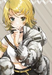 Rule 34 | 1girl, arm wrap, bangle, belt, blonde hair, bracelet, closed mouth, commentary, crop top, dot nose, down jacket, green eyes, grey background, grey jacket, hair ornament, hairclip, hand on own chin, highres, jacket, jewelry, kagamine rin, light frown, meme, midriff, open clothes, open jacket, pafufu, shirt, short hair, solo, swept bangs, symbol-only commentary, twitter rabbit ears (meme), upper body, velcro, vocaloid, white shirt, yellow nails