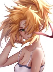 Rule 34 | 1girl, absurdres, blonde hair, bow, breasts, cleavage, fate/grand order, fate (series), green eyes, hair over one eye, highres, hua-j, long hair, looking at viewer, mordred (fate), mordred (fate/apocrypha), ponytail, red bow, solo, white background, wind