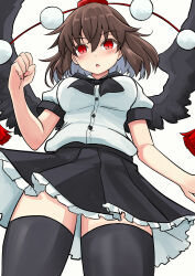 Rule 34 | 1girl, absurdres, bird wings, black skirt, black thighhighs, black wings, blush, breasts, brown hair, clenched hand, commentary, cowboy shot, frilled skirt, frills, hat, highres, large breasts, looking at viewer, open mouth, pom pom (clothes), red eyes, red hat, shameimaru aya, shirt, short hair, short sleeves, simple background, skirt, solo, thighhighs, tokin hat, touhou, white background, white shirt, wings, yuuka (a0240765)