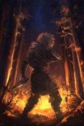 Rule 34 | 1boy, anniechromes, arrow (projectile), blonde hair, fire, forest, highres, holding, holding weapon, knife, nature, night, night sky, outdoors, short hair, sky, sword, thorfinn, tree, tunic, viking, vinland saga, weapon