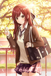 Rule 34 | 1girl, absurdres, blazer, brown hair, brown jacket, commentary request, day, diagonal-striped clothes, diagonal-striped necktie, highres, idolmaster, idolmaster shiny colors, jacket, long hair, long sleeves, looking at viewer, loose necktie, miniskirt, necktie, osaki amana, outdoors, petals, plaid, plaid skirt, pleated skirt, school uniform, skirt, solo, sorugi park, striped clothes, sweater, v-neck, yellow eyes