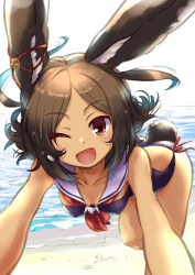 Rule 34 | 1girl, ;d, animal ears, azur lane, bent over, black hair, breasts, brown eyes, rabbit ears, rabbit tail, collarbone, commentary request, dark skin, dark-skinned female, hair ornament, hairclip, highres, i-26 (azur lane), krono tokage, looking at viewer, ocean, one eye closed, open mouth, rabbit girl, sand, sky, small breasts, smile, solo, swimsuit, tail, tan, twitter username