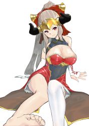 Rule 34 | 1girl, absurdres, aliza (granblue fantasy), bell, bow, breasts, cleavage, draph, dress, earrings, granblue fantasy, hair bow, highres, horns, jewelry, large breasts, long hair, looking at viewer, ponytail, red bow, red eyes, shikioriori (siki mim), short dress, silver hair, single thighhigh, sitting, solo, thighhighs, white thighhighs