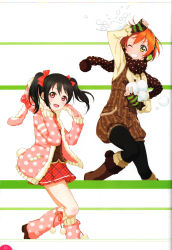 Rule 34 | 10s, 2girls, absurdres, black hair, boots, brown footwear, earmuffs, fur-trimmed boots, fur trim, green eyes, grin, highres, holding, hoshizora rin, knee boots, looking at viewer, love live!, love live! school idol festival, love live! school idol project, multiple girls, non-web source, official art, one eye closed, open mouth, orange hair, pantyhose, polka dot, red eyes, scan, scarf, short hair, simple background, skirt, smile, snow boots, snowball, snowball fight, twintails, winter clothes, yazawa nico