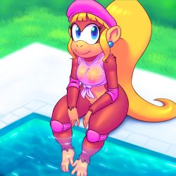 Rule 34 | 1girl, ape, barefoot, blonde hair, blue eyes, clothes, dixie kong, donkey kong (series), feet, furry, furry female, hat, highres, jewelry, long hair, nintendo, poolside, rareware, sitting, smile, solo, toes, water