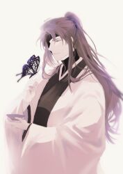 Rule 34 | 1boy, absurdres, aizen sousuke, alternate hairstyle, black butterfly, black kimono, bleach, brown eyes, brown hair, bug, butterfly, butterfly on hand, commentary, cowboy shot, cup, english commentary, eyepatch, from side, hair between eyes, hair over shoulder, hand up, highres, holding, holding cup, index finger raised, insect, japanese clothes, kas0n3ri, kimono, long hair, long sleeves, looking at animal, male focus, official alternate hair length, official alternate hairstyle, one eye covered, open clothes, open kimono, parted lips, ponytail, profile, sakazuki, sidelocks, simple background, sketch, smile, solo, twitter username, very long hair, white background, white kimono, wide sleeves