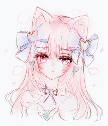 Rule 34 | 1girl, animal ear fluff, animal ears, bad id, bad twitter id, blue bow, blush, bow, commentary request, cropped torso, grey background, hair between eyes, hair bow, heart, highres, looking at viewer, original, parted lips, pink hair, purple eyes, simple background, solo, tandohark, upper body