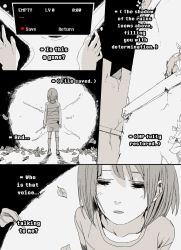 Rule 34 | 4koma, = =, androgynous, bossmonsterbani, castle, comic, english text, frisk (undertale), gameplay mechanics, gender request, highres, leaf, monochrome, plant, ruins, shirt, stick, striped clothes, striped shirt, thighhighs, undertale, vines