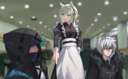 Rule 34 | 1girl, 2boys, animal ears, apron, arknights, black dress, black eyes, black jacket, blurry, blurry background, cat ears, chinese commentary, commentary request, cowboy shot, doctor (arknights), dress, fur trim, green eyes, highres, hood, hooded jacket, indoors, jacket, juliet sleeves, kal&#039;tsit (arknights), leopard ears, long sleeves, maid, maid apron, maid headdress, multiple boys, nian (zhanian), parted lips, pointing, puffy sleeves, short hair, silver hair, silverash (arknights), standing, upper body, white apron