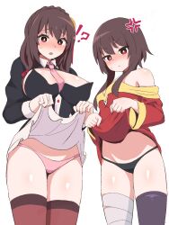 Rule 34 | !?, 2girls, :o, anger vein, angry, asymmetrical legwear, bandaged leg, bandages, bare shoulders, black panties, black shirt, black thighhighs, blush, bow, braid, breasts, bright pupils, broken hypnosis, brown hair, brown thighhighs, cleavage cutout, closed mouth, clothes lift, clothing cutout, commentary request, cowboy shot, crown braid, dress, dress lift, embarrassed, from below, frown, hair bow, hatenamaru, highres, kono subarashii sekai ni shukufuku wo!, large breasts, lifting own clothes, long hair, long sleeves, looking at viewer, looking down, low twintails, medium hair, megumin, mind control, mismatched legwear, multiple girls, necktie, no headwear, nose blush, open mouth, panties, parted lips, pink necktie, pink panties, red bow, red dress, red eyes, shiny skin, shirt, short dress, short hair with long locks, simple background, single thighhigh, skirt, skirt lift, small breasts, standing, sweatdrop, thighhighs, thighs, tsurime, twintails, underwear, v-shaped eyebrows, white background, white pupils, white skirt, wide sleeves, yunyun (konosuba)