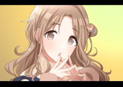 Rule 34 | 1girl, artist request, brown eyes, brown hair, close-up, commentary request, gradient background, hair bun, hair ornament, highres, ichikawa hinana, idolmaster, idolmaster shiny colors, letterboxed, long hair, long sleeves, looking at viewer, nail polish, side bun, simple background, single hair bun, single side bun, solo, sweater, turtleneck, turtleneck sweater, upper body, yellow background, yellow nails