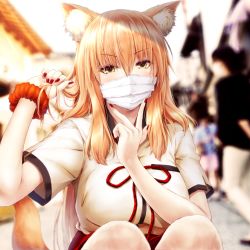 Rule 34 | 1girl, animal ears, blurry, blurry background, blush, breasts, commentary request, covered mouth, day, depth of field, fate/extra, fate/extra ccc, fate/extra ccc fox tail, fate (series), fox ears, fox girl, fox tail, holding, holding hair, large breasts, long hair, looking at viewer, mask, mouth mask, nail polish, orange hair, outdoors, red nails, red ribbon, ribbon, scrunchie, shirt, short sleeves, solo focus, squatting, suien, suzuka gozen (fate), tail, white shirt, wrist scrunchie, yellow eyes