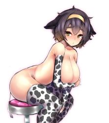 Rule 34 | 1girl, animal ears, animal print, arm warmers, breast hold, breasts, brown hair, commentary request, cow ears, cow girl, cow print, cow tail, footstool, hairband, huge breasts, lactation, leaning forward, looking at viewer, messy hair, nude, original, short hair, sitting, sketch, solo, tail, tears, thick eyebrows, thighhighs, watari1118, yellow eyes, yellow hairband