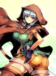Rule 34 | 1girl, ass, belt, boots, bow (weapon), braid, breasts, cape, cloak, dragon&#039;s crown, elf, elf (dragon&#039;s crown), covered erect nipples, fat mons, from behind, frown, gloves, grey hair, highres, hood, large breasts, long hair, looking back, orange eyes, pointy ears, red eyes, sentarou, shorts, sideboob, sleeveless, solo, thigh boots, thighhighs, thighs, vanillaware, weapon