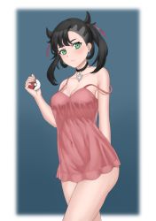 Rule 34 | 1girl, ailae, arm behind back, bad id, bad pixiv id, black choker, black hair, black nails, breasts, choker, cleavage, closed mouth, collarbone, covered navel, creatures (company), dress, game freak, green eyes, hair ribbon, highres, holding, holding poke ball, looking at viewer, marnie (pokemon), medium hair, nail polish, nintendo, no jacket, pendant choker, pink dress, poke ball, poke ball (basic), pokemon, pokemon swsh, red ribbon, ribbon, short dress, single bare shoulder, small breasts, solo, spaghetti strap, strap slip, thighs, twintails, two side up