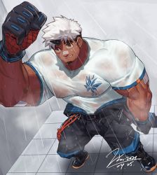 Rule 34 | 1boy, akiha gongen (housamo), bandaid, bandaid on face, bandaid on nose, bara, biceps, black pants, bulge, dark-skinned male, dark skin, face, facial hair, facial scar, foreshortening, full body, gloves, goatee, holding, horns, jin (sirius-j), large pectorals, male focus, multicolored hair, muscular, muscular male, pants, pectorals, scar, scar across eye, scar on cheek, scar on face, shirt, short hair, shower (place), showering, sideburns, single horn, solo, thick eyebrows, tight clothes, tight shirt, tokyo houkago summoners, two-tone hair, veins, wet, wet clothes, wet shirt, white hair, white shirt