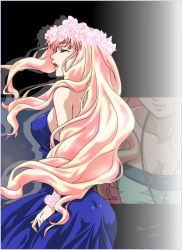 Rule 34 | 00s, 1girl, ass, back, bare shoulders, blonde hair, bracelet, breasts, cleavage, closed eyes, covered erect nipples, dress, flower, formal, hair flower, hair ornament, head out of frame, iyou, jewelry, large breasts, lipstick, long hair, macross, macross frontier, makeup, necklace, open mouth, pink hair, profile, shadow, sheryl nome, signature, smile, solo, standing, very long hair, wavy hair, yukkyun