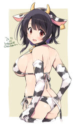 Rule 34 | 1girl, animal ears, animal print, artist logo, ass, beige background, bikini, black hair, border, breasts, cow ears, cow horns, cow print, cow print bikini, cow tail, dated, ear tug, elbow gloves, from behind, gloves, halterneck, horns, kantai collection, large breasts, odawara hakone, one-hour drawing challenge, print bikini, red eyes, short hair, side-tie bikini bottom, solo, standing, swimsuit, tail, takao (kancolle), thighhighs, two-tone background, white bikini, white border, white gloves, white thighhighs, yellow background