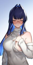Rule 34 | 1girl, absurdres, areola slip, bare shoulders, bingsardina, blue hair, blush, breasts, closed eyes, colored inner hair, facing viewer, full-face blush, glasses, hair intakes, highres, holocouncil, hololive, hololive english, large breasts, long hair, long sleeves, multicolored hair, no bra, ouro kronii, semi-rimless eyewear, simple background, solo, sweater, under-rim eyewear, upper body, virtual youtuber, white background, white sweater