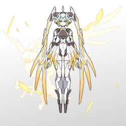 Rule 34 | 1girl, absurdly long hair, absurdres, arms at sides, bingshan, bird, blue eyes, breasts, colored skin, commentary request, flat color, full body, gradient background, grey background, hair wings, highres, joints, large breasts, long hair, long legs, looking at viewer, navel, no feet, non-humanoid robot, original, robot, robot animal, robot girl, robot joints, smile, solo, standing, straight-on, twintails, very long hair, white background, white skin, wings