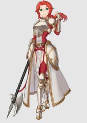 Rule 34 | 1girl, absurdres, armor, armored boots, axe, boots, braid, breasts, ebinku, fire emblem, fire emblem: path of radiance, full body, garter straps, green eyes, grey background, grin, highres, holding, holding axe, long hair, medium breasts, nintendo, red hair, simple background, smile, solo, standing, thighhighs, titania (fire emblem), waist cape, aged down