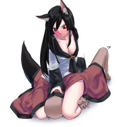 Rule 34 | 1boy, 1girl, animal ear fluff, animal ears, bald, black hair, blush, breasts, breath, brooch, cleavage, closed mouth, commentary request, full body, gem, girl on top, hetero, highres, imaizumi kagerou, implied handjob, jewelry, large breasts, long hair, long skirt, looking at another, lying, motion blur, nose blush, on back, red eyes, red gemstone, red skirt, shirt, simple background, sitting, sitting on face, sitting on person, skirt, smile, tail, tenamaru, touhou, white background, white shirt, wolf ears, wolf girl, wolf tail