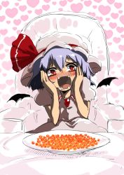 Rule 34 | 1girl, bat wings, blue hair, blush, caviar, dress, fangs, female focus, fish (food), hands on own face, harusame (unmei no ikasumi), hat, heart, heart background, ikura (food), mob cap, open mouth, plate, red eyes, remilia scarlet, ribbon, roe, saliva, short hair, sitting, smile, solo, sparkle, touhou, wings
