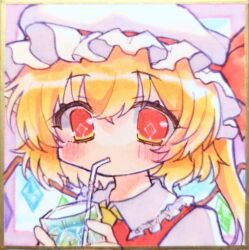 Rule 34 | 1girl, ascot, bat wings, bendy straw, blonde hair, blush, chibi, collar, crystal, diamond-shaped pupils, diamond (shape), drink, drinking, drinking straw, drinking straw in mouth, flandre scarlet, frilled collar, frills, hat, hat ribbon, highres, holding, holding drink, marker (medium), mob cap, multicolored wings, no nose, one side up, puffy sleeves, red eyes, red vest, ribbon, shikishi, shirt, short hair, side ponytail, sidelocks, solo, symbol-shaped pupils, touhou, traditional media, vest, white hat, wings, yasonomugi, yellow ascot