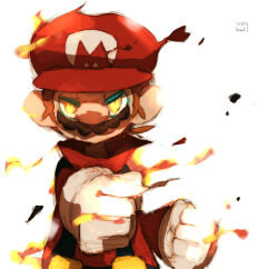 Rule 34 | 1boy, blue overalls, brown hair, facial hair, fire, gloves, looking at viewer, mario, mario (series), mustache, nintendo, overalls, red headwear, simple background, solo, super mario bros. 1, uroad7, white background, white gloves, yellow eyes