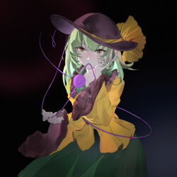 Rule 34 | 1girl, absurdres, black hat, blouse, blush, bow, c88, commentary, frilled shirt collar, frilled sleeves, frills, green eyes, green hair, green skirt, hair between eyes, hand in own hair, hand on own cheek, hand on own face, hand up, hat, hat bow, heart, heart of string, highres, komeiji koishi, long hair, long sleeves, looking at viewer, mouth hold, shirt, skirt, solo, third eye, touhou, wide sleeves, yellow bow, yellow shirt