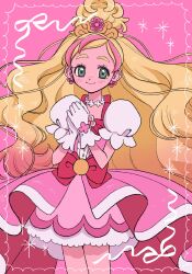 Rule 34 | 1girl, blonde hair, border, bow, choker, cure flora, earrings, flower, flower earrings, flower necklace, gloves, go! princess precure, green eyes, haruno haruka, highres, jewelry, long hair, looking at viewer, magical girl, melon hamburg bentou, multicolored hair, necklace, own hands clasped, own hands together, pink background, pink bow, pink skirt, precure, puffy sleeves, ribbon, skirt, smile, solo, sparkle, standing, streaked hair, two-tone hair, waist bow, waist brooch, white gloves