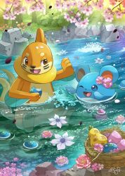 Rule 34 | basket, berry (pokemon), buizel, cherry blossoms, closed eyes, commentary, creatures (company), day, flower, food, fruit, game freak, gen 2 pokemon, gen 4 pokemon, hakkentai pokedan, highres, holding, holding food, holding fruit, in water, marill, nintendo, no humans, one eye closed, open mouth, oran berry, outdoors, pecha berry, pink flower, pokemon, pokemon (creature), river, rock, sitrus berry, water, white flower