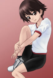 Rule 34 | 1girl, ankle socks, bike shorts, black shorts, black socks, brown eyes, brown hair, closed mouth, commentary request, girls und panzer, gym shirt, gym uniform, highres, hugging own legs, isobe noriko, knee up, looking at viewer, red background, shirt, shoes, short hair, short shorts, short sleeves, shorts, simple background, sitting, smile, sneakers, socks, solo, t-shirt, white footwear, white shirt, yoyokkun