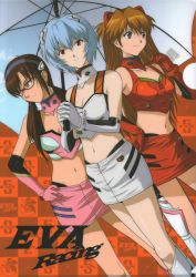 Rule 34 | 00s, 3girls, absurdres, ayanami rei, blue eyes, blue hair, boots, brown hair, evangelion: 2.0 you can (not) advance, glasses, green eyes, highres, long hair, looking at viewer, looking to the side, makinami mari illustrious, midriff, miniskirt, multiple girls, navel, neon genesis evangelion, plugsuit, race queen, rebuild of evangelion, red eyes, short hair, skirt, souryuu asuka langley, twintails, umbrella