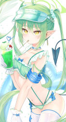 Rule 34 | 1girl, absurdres, ahoge, armband, baba kirika, bikini, blonde hair, blue archive, blue armband, breasts, choker, cleavage, collarbone, cowboy shot, crazy straw, cup, demon tail, drinking straw, earrings, food, frilled bikini, frills, gloves, green bikini, green hair, heart straw, highres, holding, holding cup, ice cream, jewelry, long hair, looking at viewer, mouth hold, navel, nozomi (blue archive), pointy ears, sidelocks, small breasts, solo, spoon, sundae, suspenders, swimsuit, tail, thighhighs, twintails, utensil in mouth, very long hair, visor cap, white background, white gloves, white thighhighs, yellow eyes