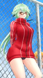 Rule 34 | 1boy, 1girl, absurdres, aether (genshin impact), alternate costume, black-framed eyewear, blonde hair, blue sky, chain-link fence, cloud, commentary request, cowboy shot, day, fence, genshin impact, glasses, green hair, highres, jacket, jonayuna, long hair, long sleeves, looking at viewer, o o, outdoors, pink lips, red jacket, sky, standing, sucrose (genshin impact), thighs, very long hair, yellow eyes