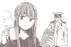 Rule 34 | 1boy, 1girl, brown theme, cellphone, closed eyes, closed mouth, cup, dated, hat, holding, holding phone, horikou, jacket, long hair, military, military jacket, military uniform, monochrome, mug, peaked cap, phone, real life, shima rin, signature, simple background, smartphone, soldier, soviet, soviet army, tea, uniform, white background, yurucamp